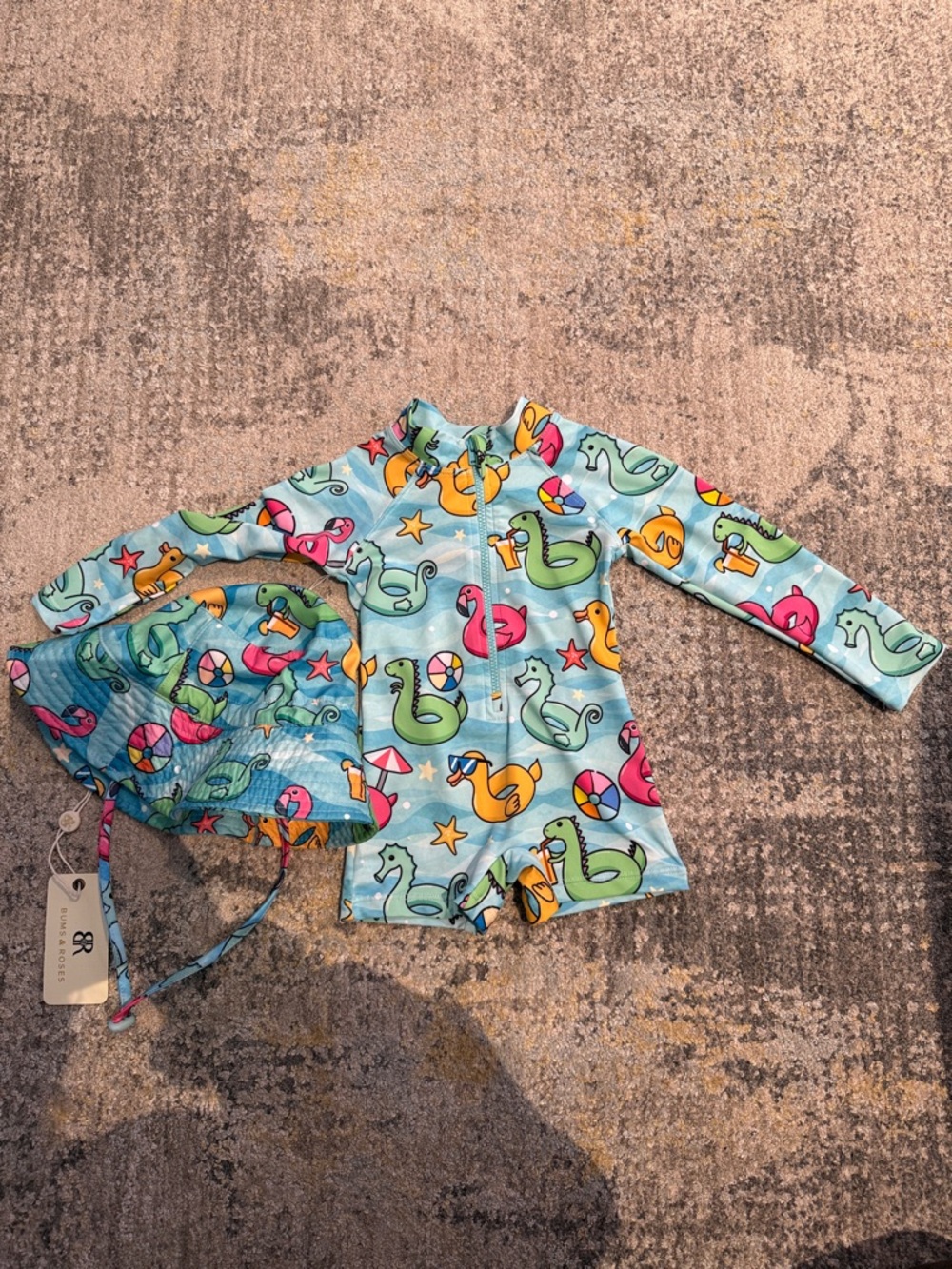 Kids Long-Sleeve Swim Rashguard Set in Light Blue with Float Print
